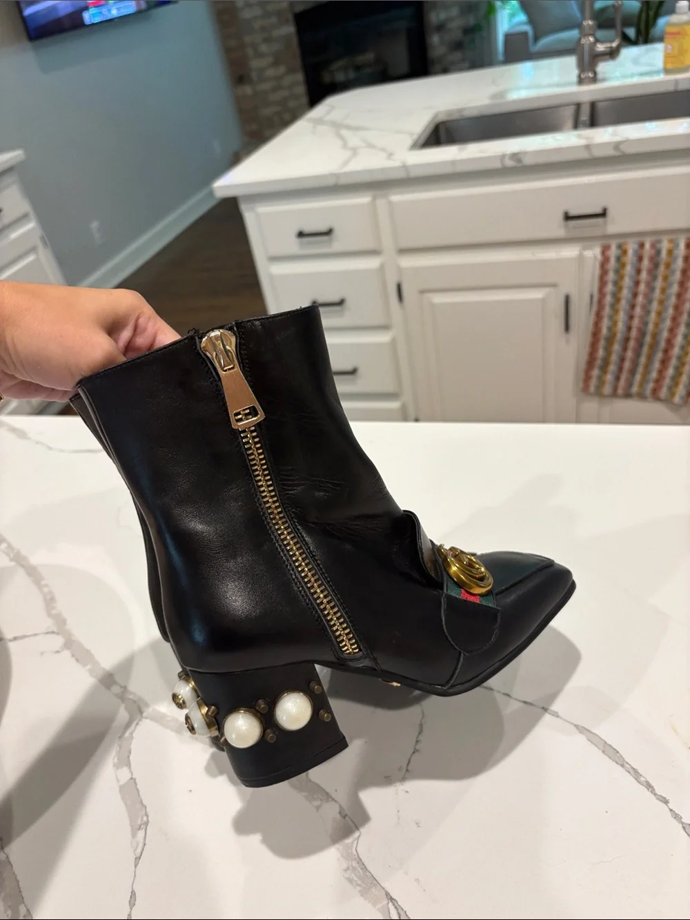 Gucci Black Leather Ankle Boots with Green and Red Web & Gold GG